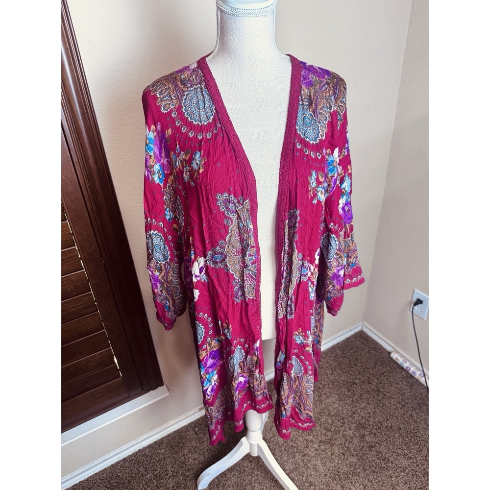 Bila Kimono Womens M/L Red Boho Coastal Cowgirl Layering Whimsical Hippie